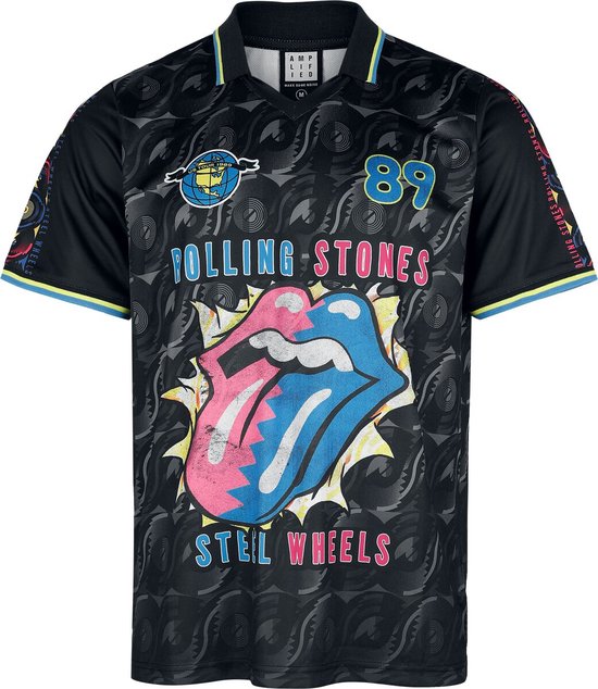 Zwarte jersey met "Rolling Stones Steel Wheels" en de iconische tong-met-lippen-logo op de voorkant. Print van vinylplaten.