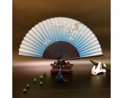WK Vouwwaaier voor Dames – 21 cm – Traditionele Chinese Waaier - Chinese Stijl met Orchidee, Bamboe en Pruimenbloesem – Zijdeachtig Doek met Donkerhouten Standaard – Elegante Decoratie voor Huis of Kantoor
