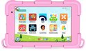 Roze DEPLAY kindertablet met kindvriendelijke apps op het scherm.