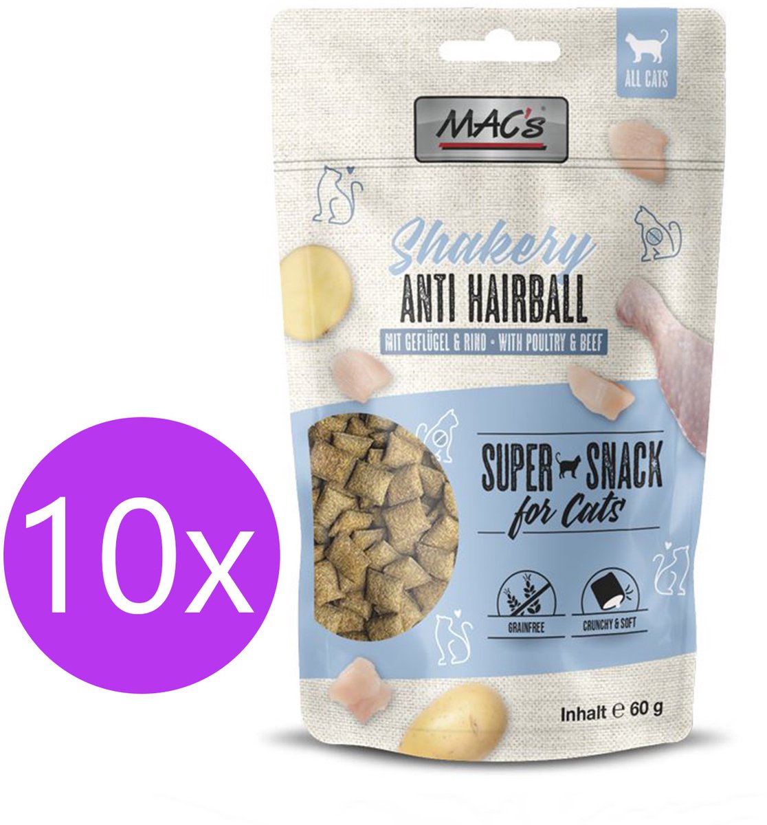Mac’s Shakery Kattensnoepjes Anti-Haarbal - Graanvrij - Gebits Reinigend - 6 x 60g