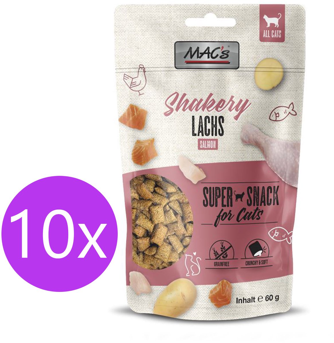 Bol.com Mac’s Shakery Kattensnoepjes - kattensnacks - Zalm - Graanvrij - Gebits Reinigend - 10 x 60g aanbieding