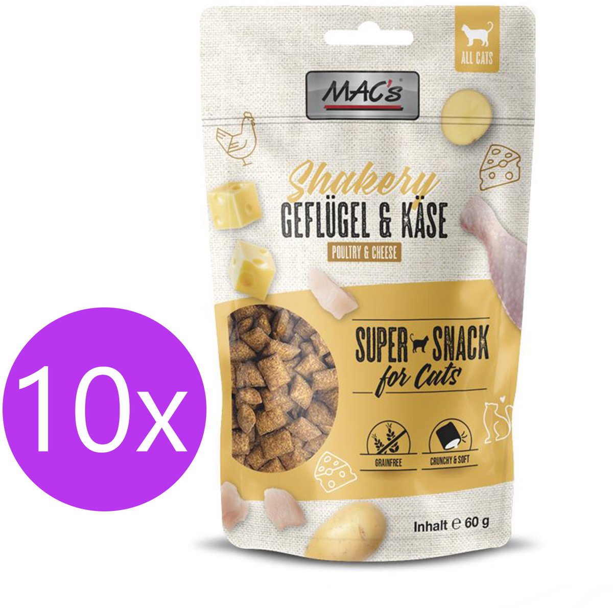 Bol.com Mac’s Shakery Kattensnoepjes - kattensnacks - Chicken & Cheese - Graanvrij - Gebit Reinigend - 10 x 60g aanbieding