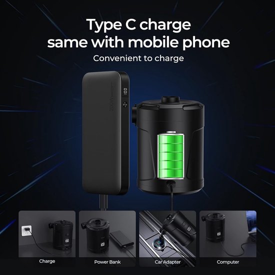 Luchtpomp-Luchtcompressor - Elektrische luchtpomp - Zwembadpomp-Draagbaar- Met LED-batterij-indicator-5200 mAh - 40 0 l/min-Oplaadbare accu - Met 4 spuitmonden - Snelpomp voor boot/luchtbed - zwart van Merkloos — afbeelding 4