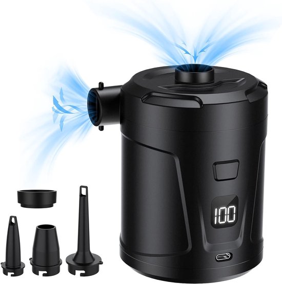 Luchtpomp-Luchtcompressor - Elektrische luchtpomp - Zwembadpomp-Draagbaar- Met LED-batterij-indicator-5200 mAh - 40 0 l/min-Oplaadbare accu - Met 4 spuitmonden - Snelpomp voor boot/luchtbed - zwart van Merkloos — afbeelding 2