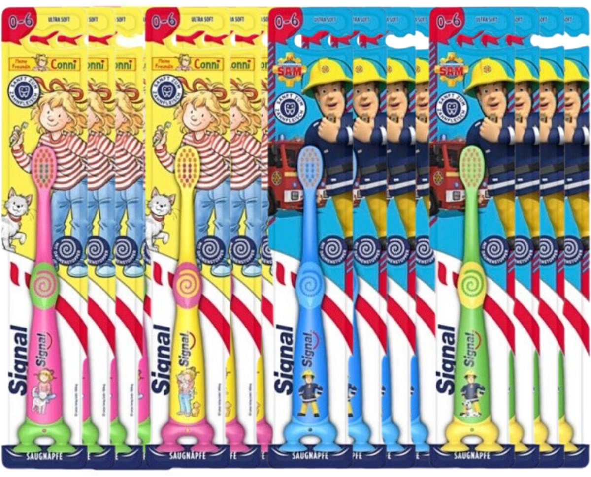 Signal Kids 0-6 jaar Tandenborstel set van 12 - Brandweerman Sam & Mijn vriendin Conni - Voor effectieve en zachte reiniging - Met zuignappen - Tandenborstel Baby en Peuter & Kleuter - Tandglazuur op melktanden - Jongens en Meisjes - 12 stuks