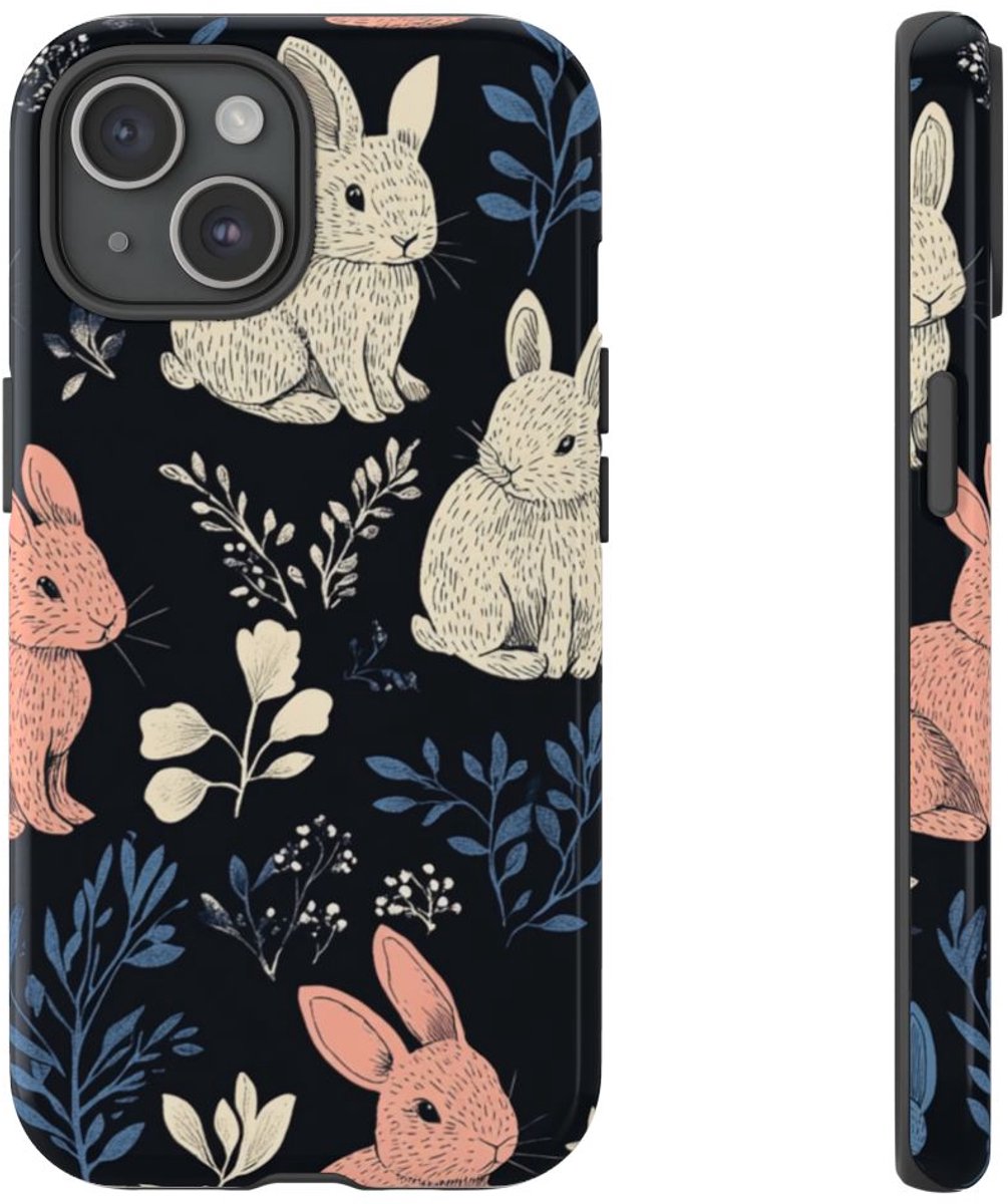 Vrolijke Konijntjes en Bladerenpatroon – Telefoonhoesje Geschikt voor iPhone 15