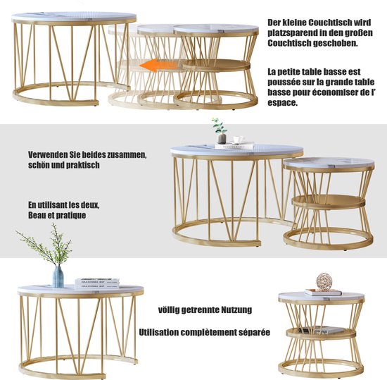 2 tables basses rondes, 70x45cm, 45x45cm, table avec plateau blanc et support de pied noir, table basse ronde intégrée dans le côté du canapé (plateau blanc + pied doré)