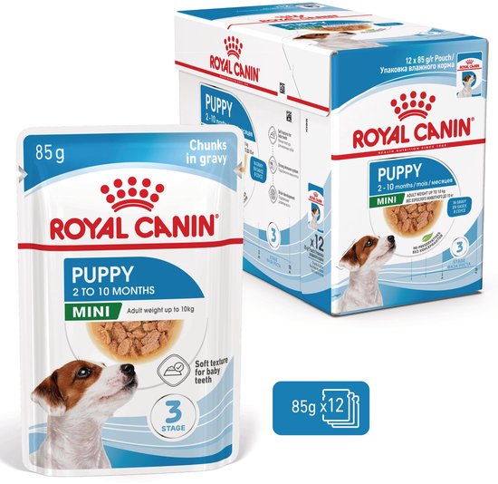 Royal Canin Puppy Mini zakje en doos met 12x 85g brokjes in saus, 2-10 maanden.