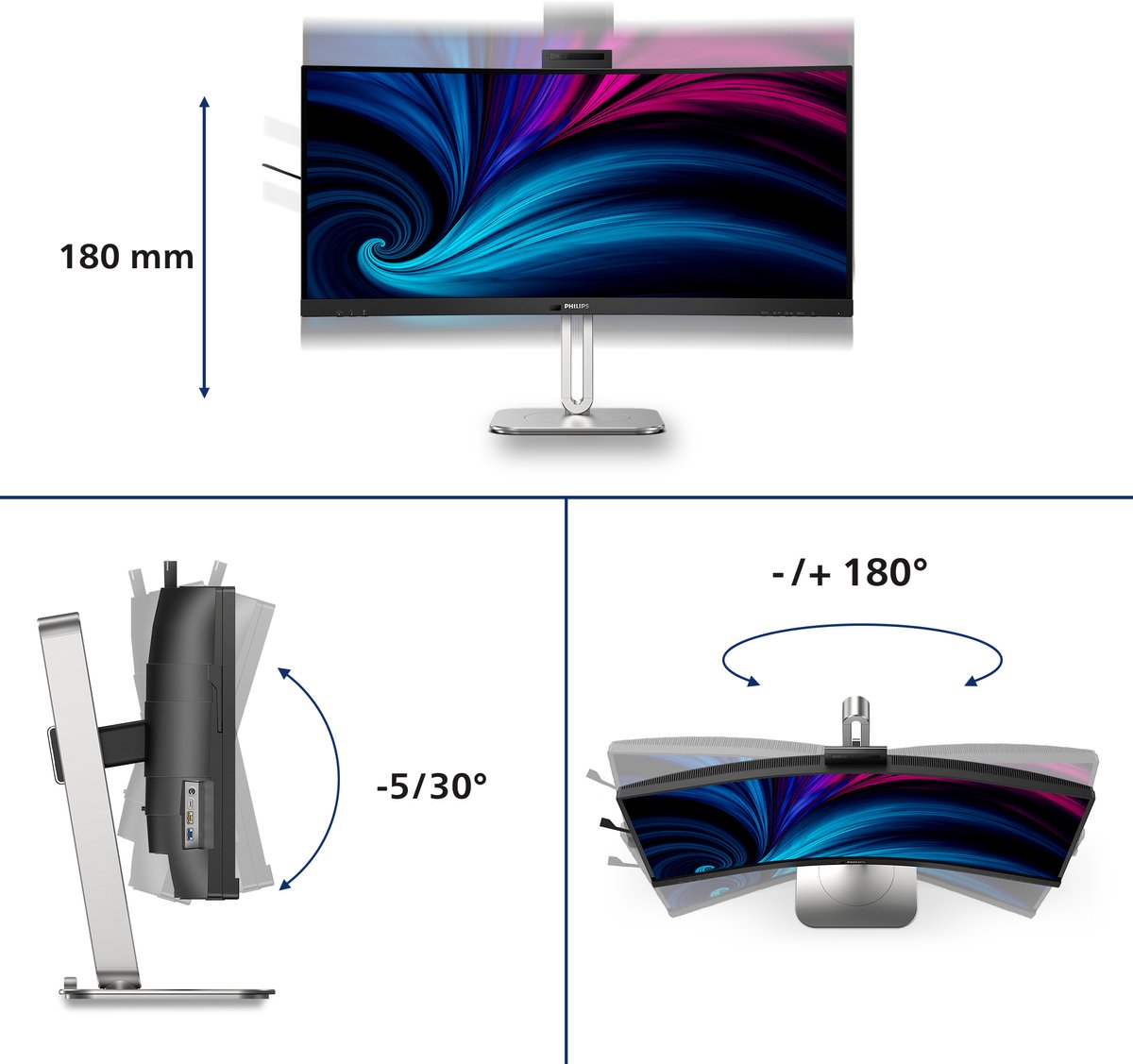Philips 34 inch Curved Ultrawide Monitor 3440x1440 Thunderbolt 4 USB-C 100W Webcam Smart KVM HDR400 - Afbeelding 2