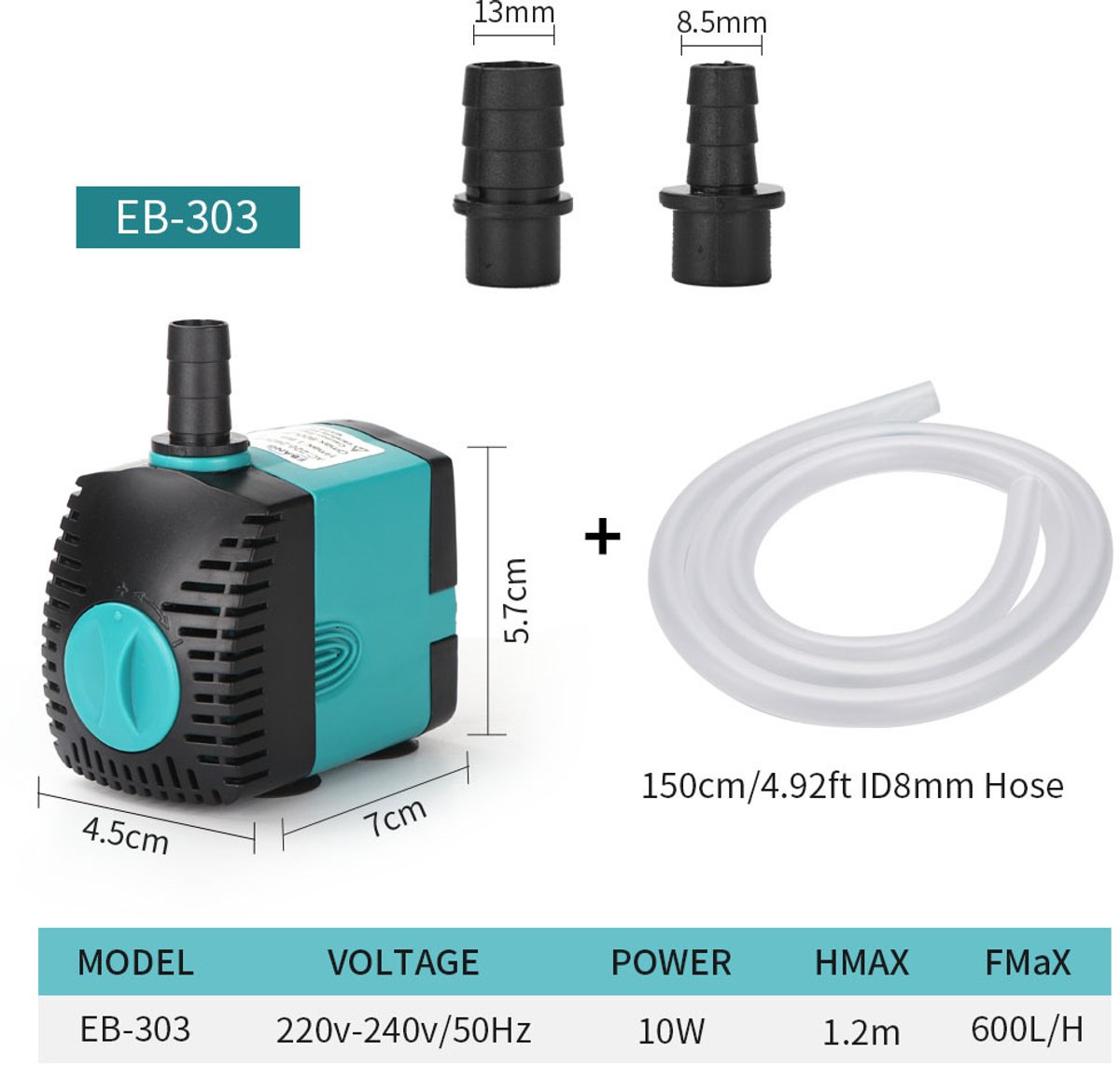 Mini Waterpomp 10W - Met zuignap en waterpijp - Ultra Stille Dompelpomp 600L/u - Aquarium Waterpomp - Vijverpomp - Fonteinpomp - Maximale Opvoerhoogte 1,2 m - Met 1,5 m netsnoer, 2 sproeiers - Voor Aquaria, Fonteinen, Beelden, Hydrocultuur, Vijvers – foto 2