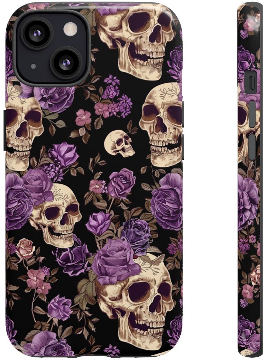Paarse Rozen en Schedels Patroon – Telefoonhoesje Geschikt voor iPhone 13