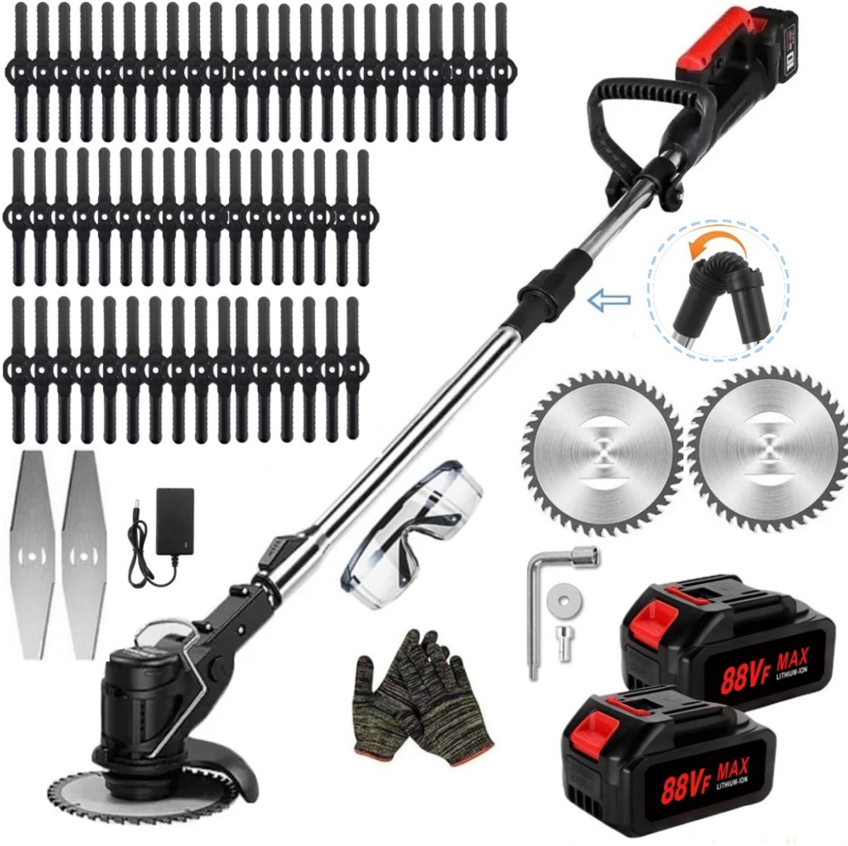 Traumheim Accu Grastrimmer met 2× 2000mAh Accu's en Oplader - met 55 Stuks Kunststof Messen - Elektrisch Grasmaaier - Bosmaaier - Accu Grasmaaier & 3-in-1 Trimmer - voor Tuin en Gazon -Verstelbaar