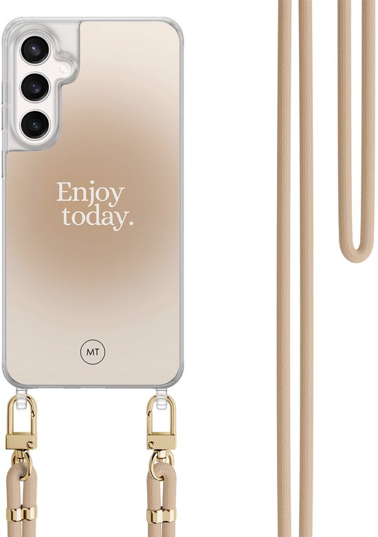 Coque transparente avec cordon beige et inscription 'Enjoy today.' en lettres beiges.