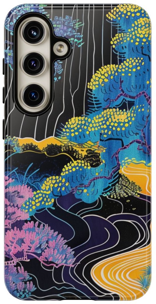 Kleurrijke Abstracte Bomen en Rivier – Telefoonhoesje Geschikt voor Samsung Galaxy S24
