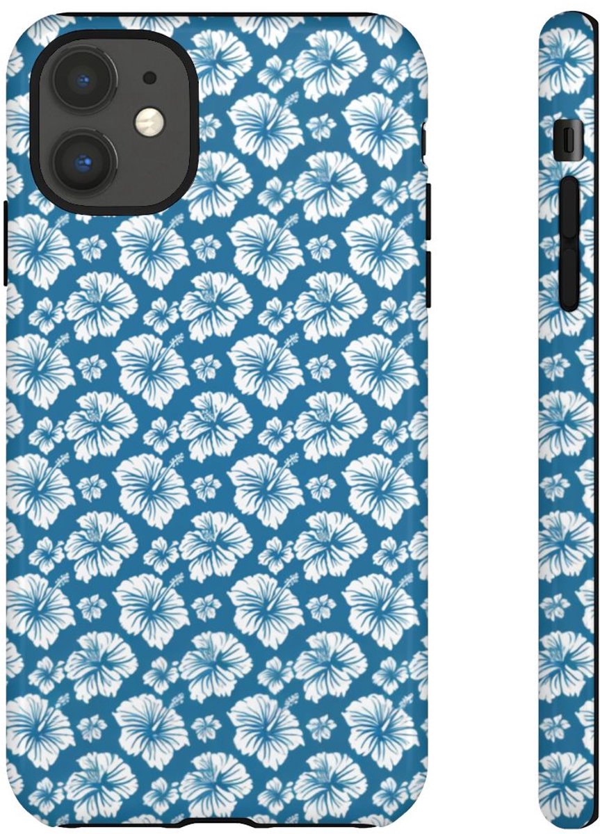 Wit Hawaïaans Bloemenpatroon op Blauw – Telefoonhoesje Geschikt voor iPhone 11