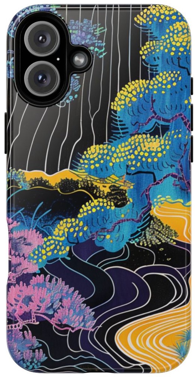 Kleurrijke Abstracte Bomen en Rivier – Telefoonhoesje Geschikt voor iPhone 16 Plus
