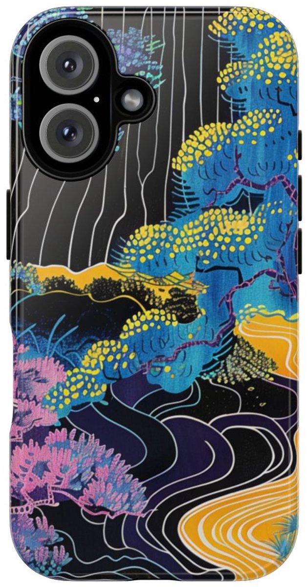 Kleurrijke Abstracte Bomen en Rivier – Telefoonhoesje Geschikt voor iPhone 16