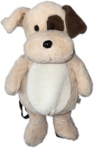 Beige pluche hond met een bruine vlek op het oog, witte buik en bruine oren.