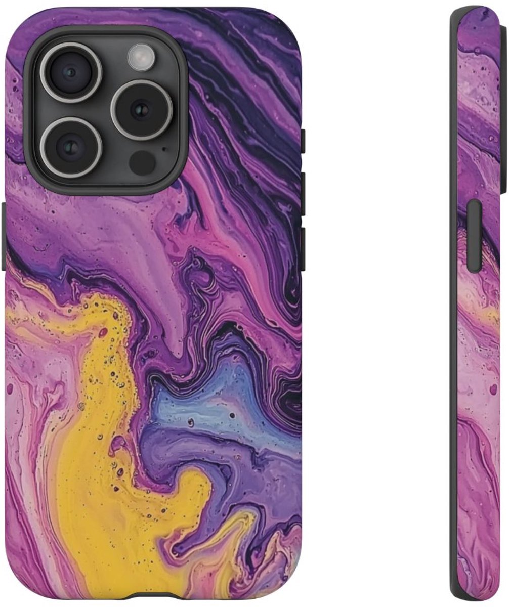 Paarse en Gele Abstracte Vloeibare Kunst – Telefoonhoesje Geschikt voor iPhone 15 Pro