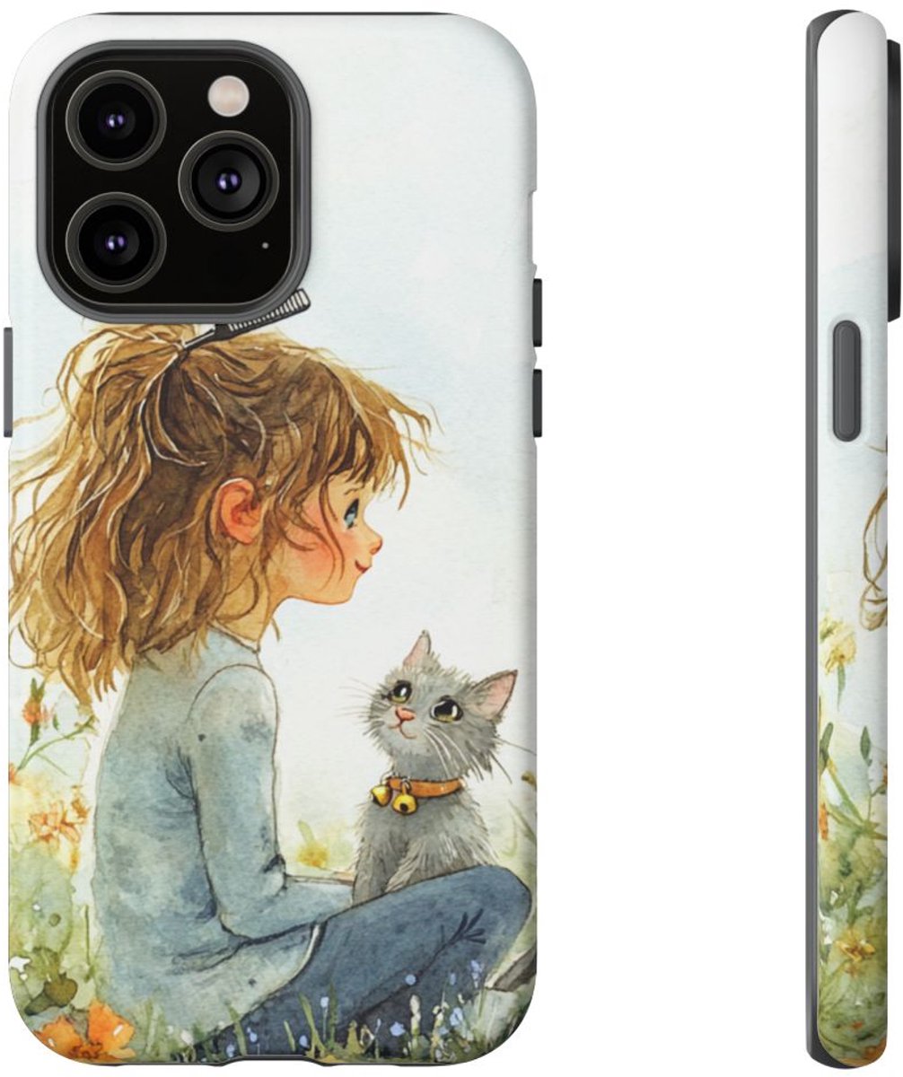 Meisje met Katje in Bloementuin Aquarel – Telefoonhoesje Geschikt voor iPhone 14 Pro Max