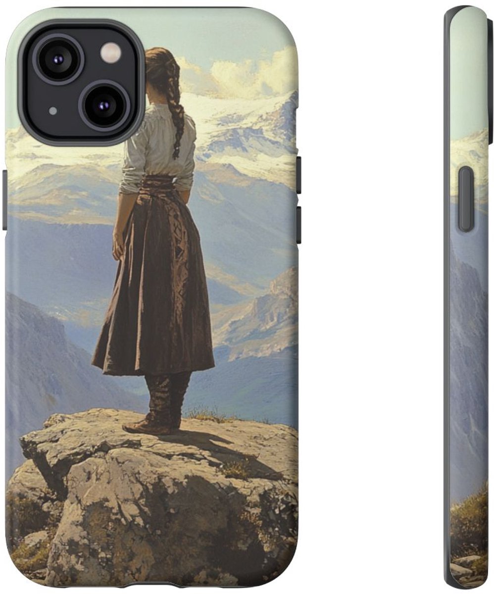Meisje op Rots in Bergen – Telefoonhoesje Geschikt voor iPhone 14 Plus