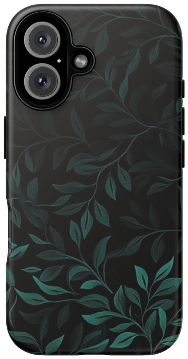 Zwart en Donkergroen Bladerenpatroon – Telefoonhoesje Geschikt voor iPhone 16