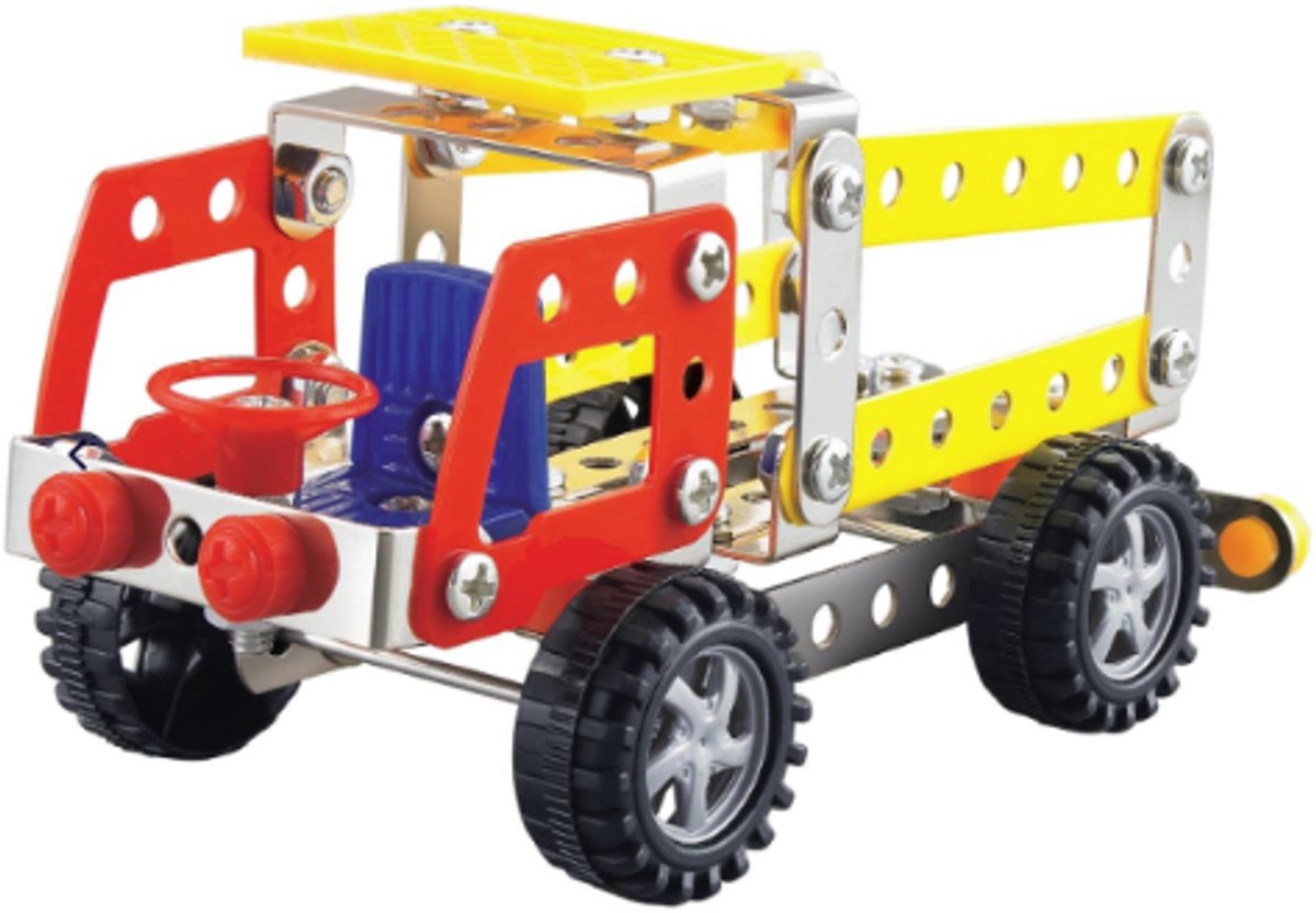EDDY TOYS Metalen Blokken Bouwset – Maak je Eigen vrachtwagen – 134 -Delig Constructiespeelgoed met Gereedschap – Voor Kinderen vanaf 3 Jaar