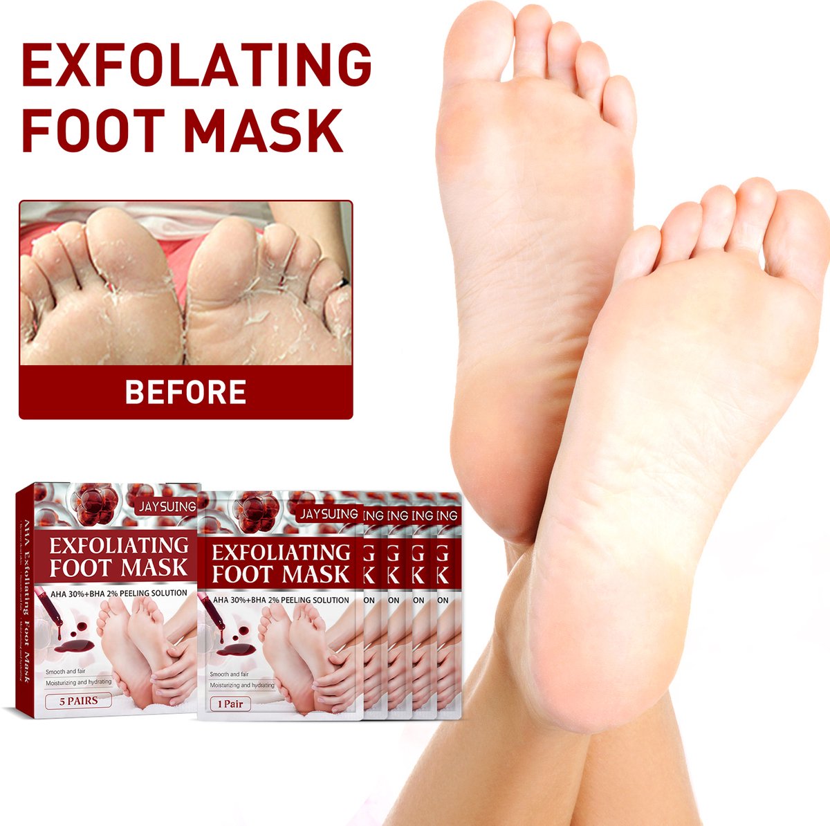 Jaysuing Fruit Acid Foot Mask – Voetmasker – Exfoliërend – Hydraterend – Verzachtend – Verwijdert Dode Huid & Eelt – Natuurlijke AHA/BHA – Zorgt voor Zachte, Stralende Voeten- 5 paren