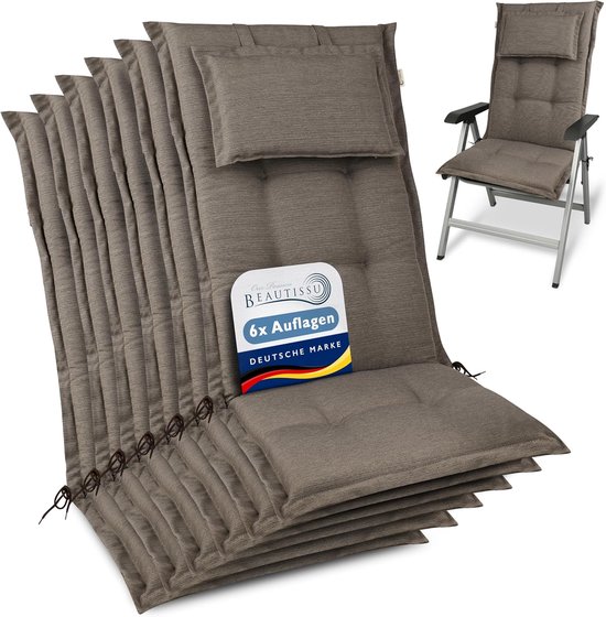 Beautissu HighLux HL – Set de 6 Coussins de jardin à dossier haut 120 x 50 x 7 cm – Coussin d'assise Plein air pour chaise de jardin Taupe