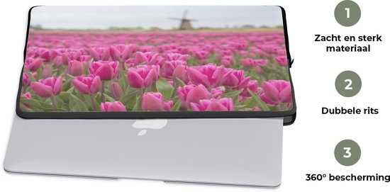 Laptophoes 13 inch - Roze tulpen en windmolen - Laptop sleeve - Binnenmaat 32x22,5 cm - Zwarte achterkant