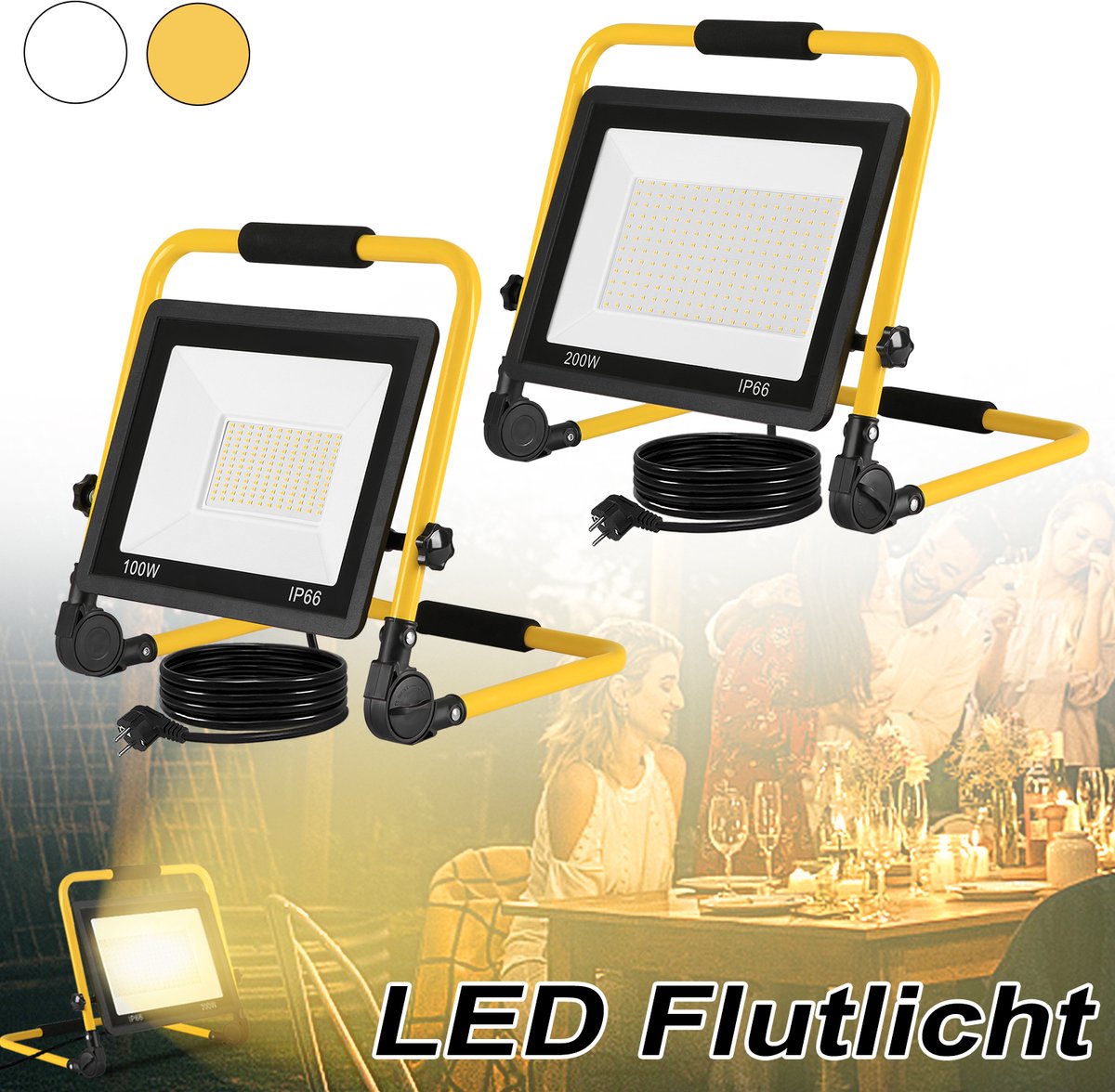 Bouwspot werklamp 100W koud wit met standaard en 3M stroomkabel, bouwplaatsspot LED schijnwerper IP66 waterdicht voor garage, tuin, bouwplaats, warm wit
