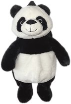 Zwarte en witte pandaknuffel rugzak, staand, met zwarte banden.