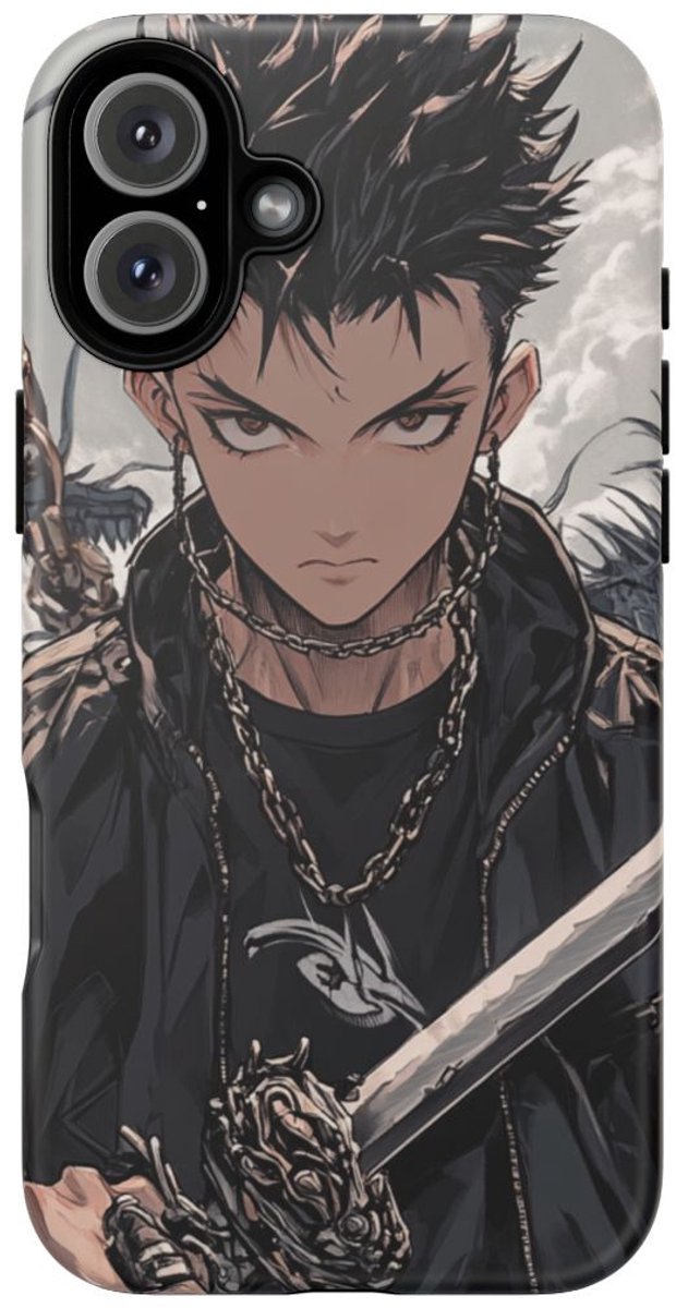 Anime Strijder met Kettingen en Draak – Telefoonhoesje Geschikt voor iPhone 16 Plus