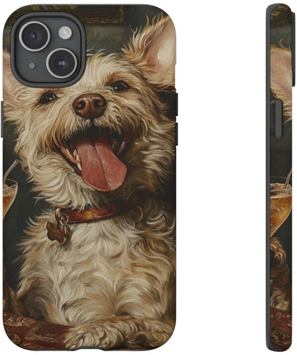 Vrolijke Terrier Met Cocktail – Telefoonhoesje Geschikt voor iPhone 15 Plus