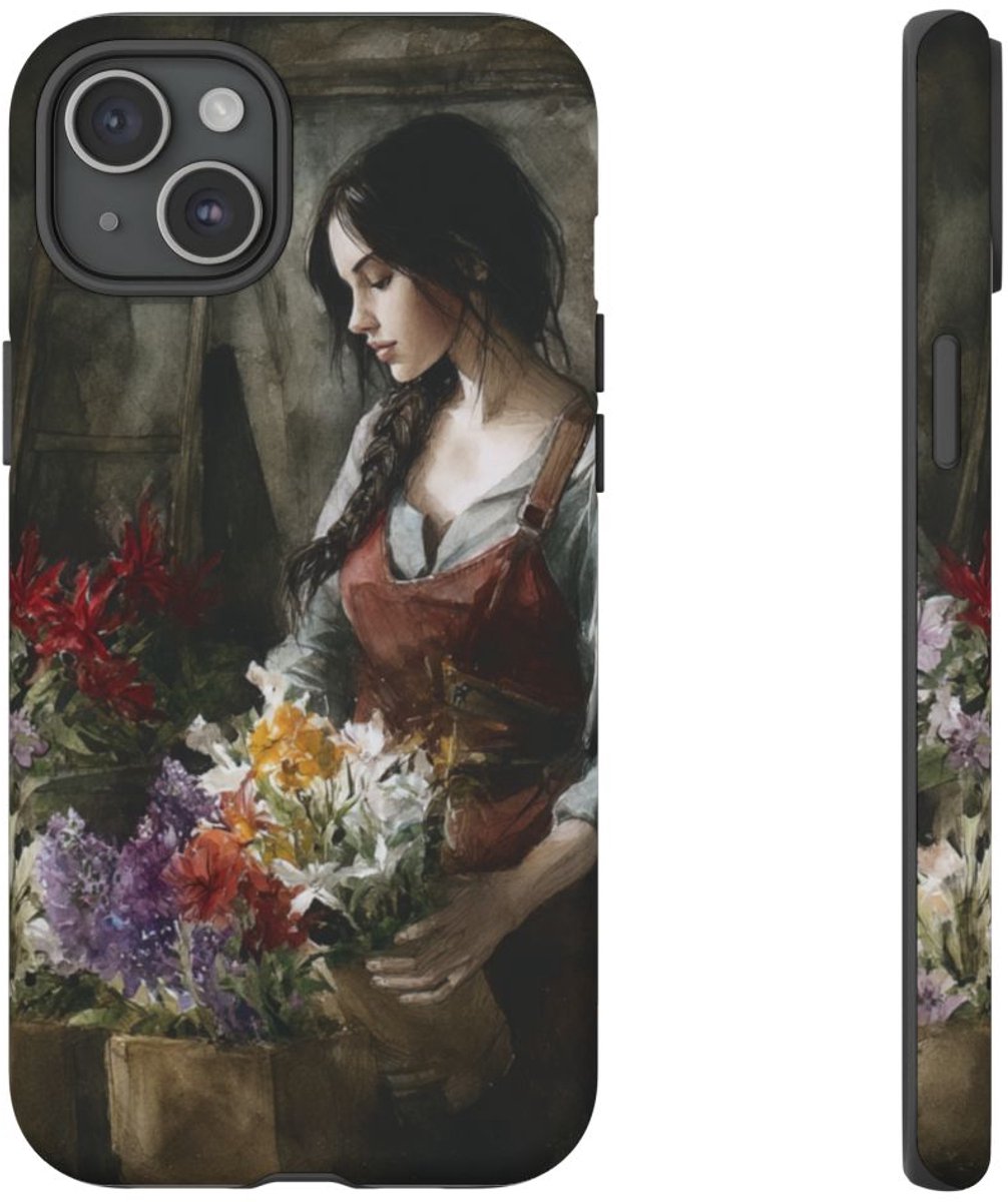 Vrouw die Bloemen Schikt – Mat Stevig Hoesje Geschikt voor iPhone 15 Plus