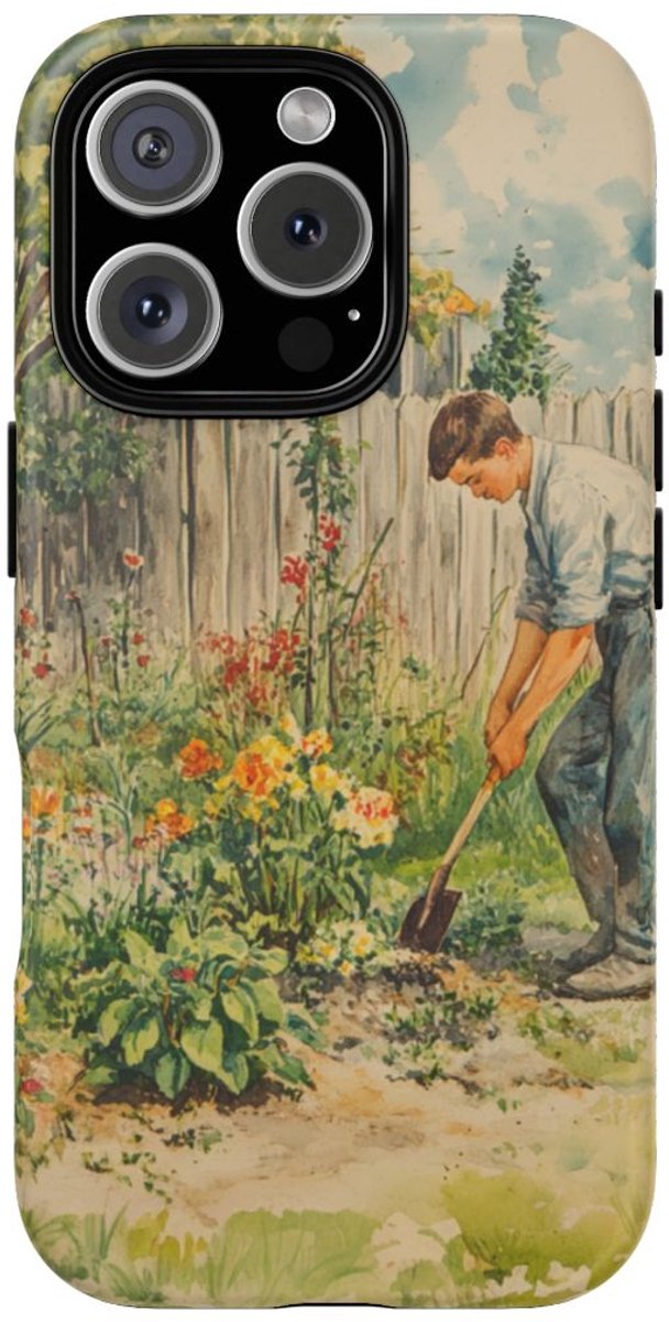 Man aan het Tuinieren in Bloementuin – Telefoonhoesje Geschikt voor iPhone 16 Pro