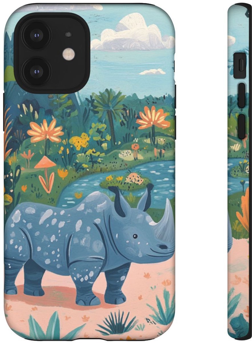 Blauwe Neushoorn Illustratie – Telefoonhoesje Geschikt voor iPhone 12