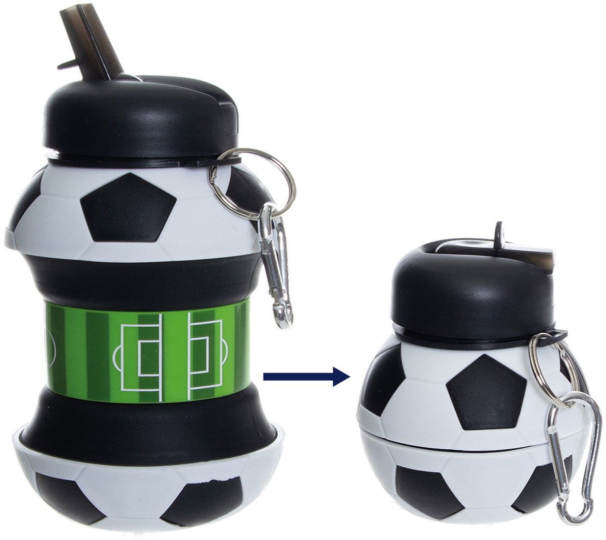 Uittrekbare Voetbal Drinkfles – Ø10 cm – Van 10 tot 19 cm – Met Haak – Origineel Cadeau voor Kinderen & Voetbalfans