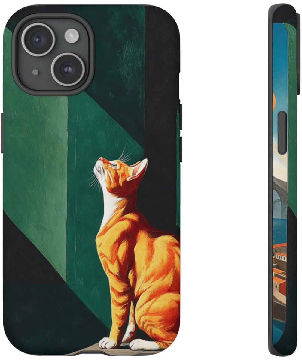 Oranje Kat in Surrrealistisch Geometrisch Decor – Telefoonhoesje Geschikt voor iPhone 15