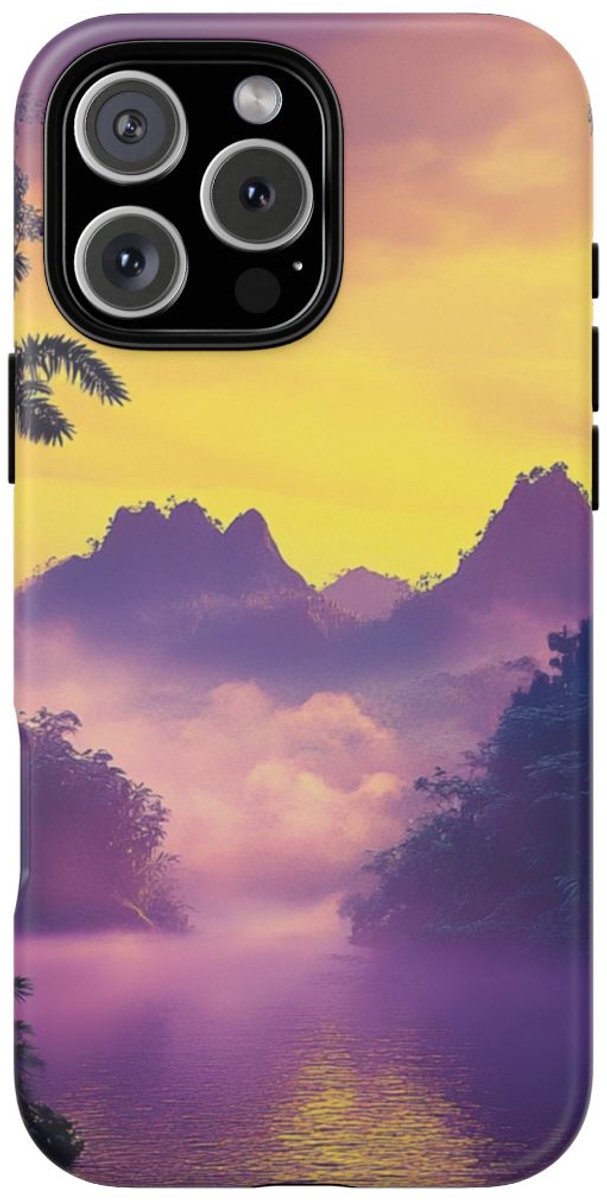 Junglemeer met Paarse Mist en Bergen – Telefoonhoesje Geschikt voor iPhone 16 Pro Max