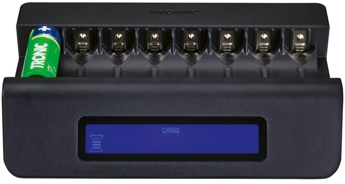 TRONIC® Batterijlader - Laadt tot 8 Ni-MH-batterijen tegelijkertijd op (AA/AAA) - Laadstroom: 200 / 450 mA - LC-display voor weergave van de laadstatus - Met minus-delta-U-schakeling, timerfunctie en kortsluitbeveiliging