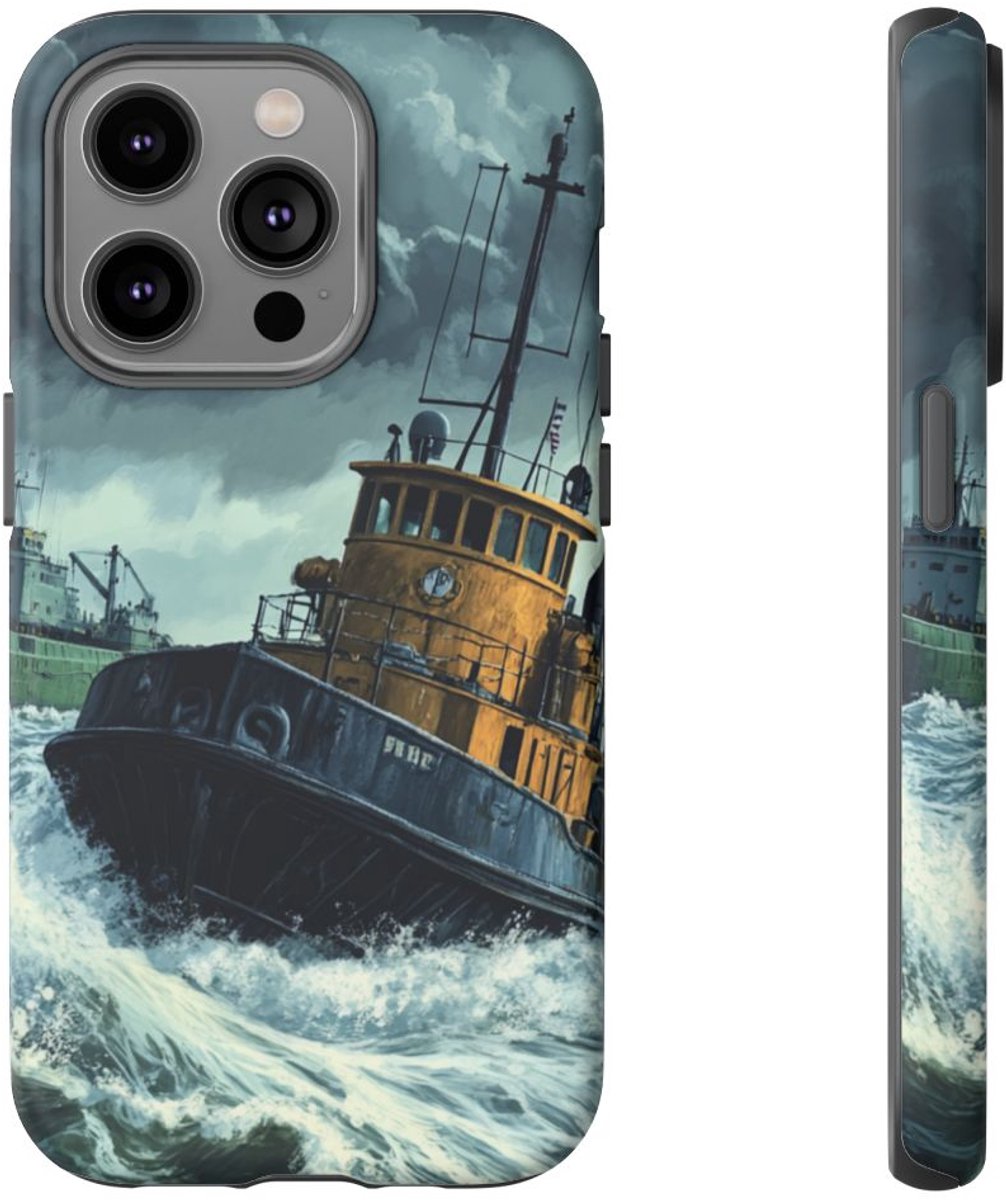 Sleepboot Sleept Vrachtschip op Woeste Zee – Telefoonhoesje Geschikt voor iPhone 14 Pro
