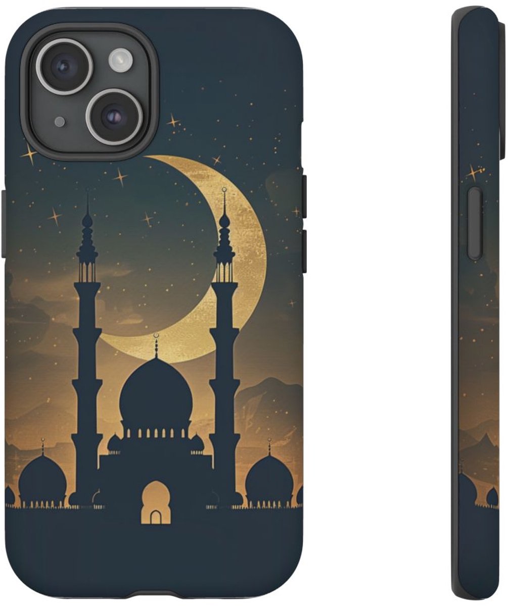 Sikkelmaan en Moskee Silhouet – Telefoonhoesje Geschikt voor iPhone 15