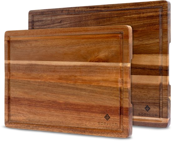 Ensemble de planches à découper SOPHIOR en bois d'acacia - Set de Planches à découper avec rainure pour le jus - Bois 100 % durable certifié FSC - Accessoires BBQ - Planches à découper - Planche à découper en bois - 42 x 35 x 2 cm / 35 x 25 x 2 cm