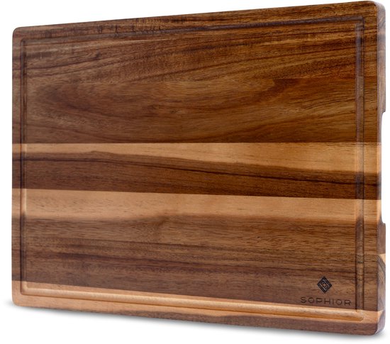 Planche à découper SOPHIOR en bois d'acacia - Groot taille - Planche à découper en bois pour la Cuisine - Planche à découper avec rainure pour le jus - Bois 100 % durable certifié FSC - Accessoires BBQ - Planches à découper - 42 cm x 30 cm x 2 cm