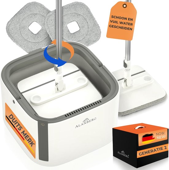 Ensemble de serpillière ALANBERG® Gen 2 avec seau – Séparation Water sale/eau propre – Wit