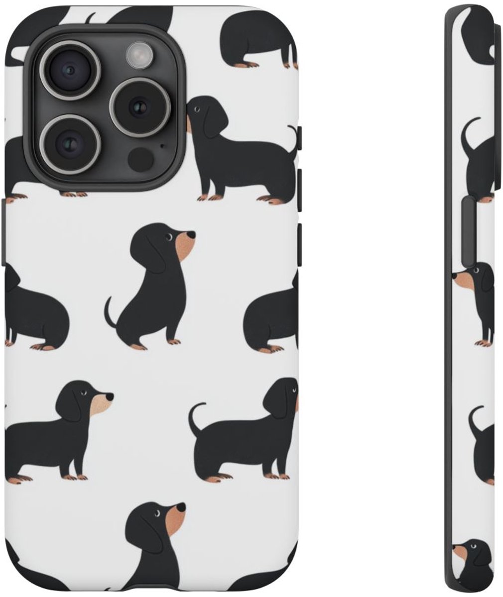 Minimalistisch Zwart Teckelpatroon – Telefoonhoesje Geschikt voor iPhone 15 Pro