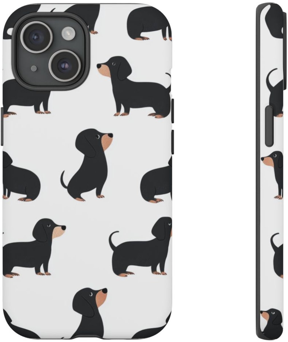 Minimalistisch Zwart Teckelpatroon – Telefoonhoesje Geschikt voor iPhone 15