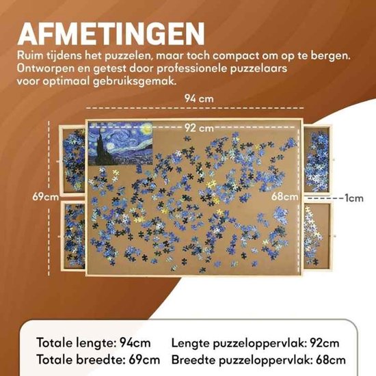 Asawa Puzzelbord Opvouwbaar - Puzzeltafel met Opbergsysteem - 1500 Stukjes - 92x68 cm - 4 Lades - Houten Puzzelplaat - Puzzelmat - Puzzelmap - Portapuzzle
