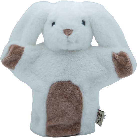 Witte konijnenhandpop met bruine vlek op buik en bruine pootjes. Zachte, pluizige vacht en lange, hangende oren.